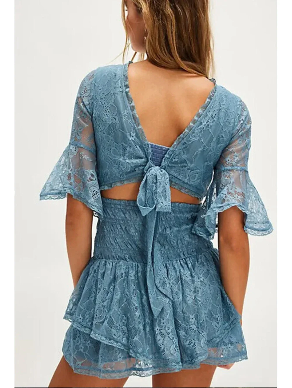 Free People Lala Lace Sheer Reversible V-Neck Mini Dress Baby Blue Sz M $128msrp